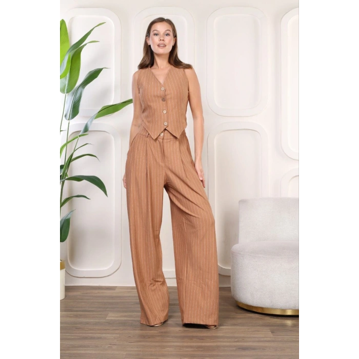 Bol Paça Pensli Pantolon Astarlo Kolsuz Yelek Takım Taba