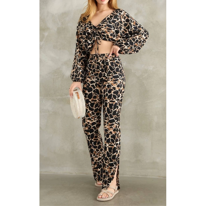 Bürümcük Kumaş Yırtmaçlı Cepli Pntolon Crop Takım