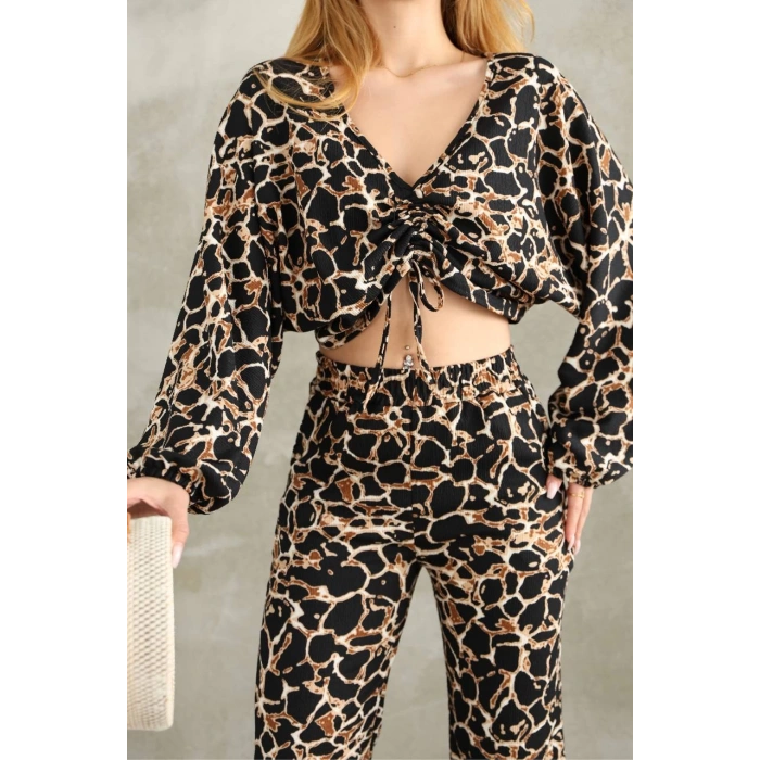 Bürümcük Kumaş Yırtmaçlı Cepli Pntolon Crop Takım