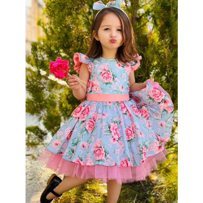 Çiçek Desenli Kız Çocuk Tüllü Kabarık Taç Hediyeli Elbise