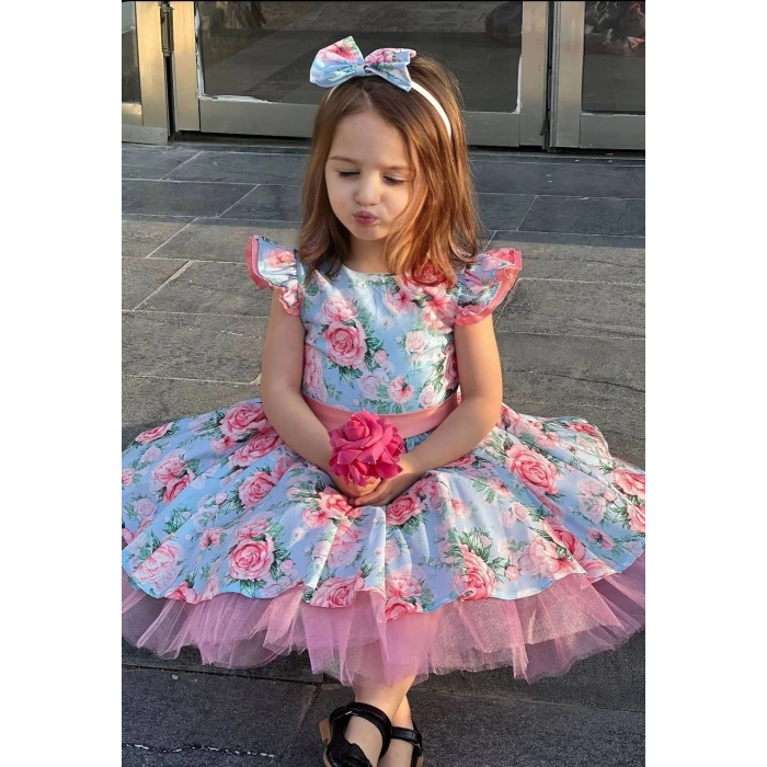 Çiçek Desenli Kız Çocuk Tüllü Kabarık Taç Hediyeli Elbise