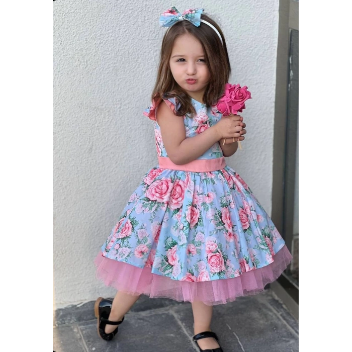 Çiçek Desenli Kız Çocuk Tüllü Kabarık Taç Hediyeli Elbise