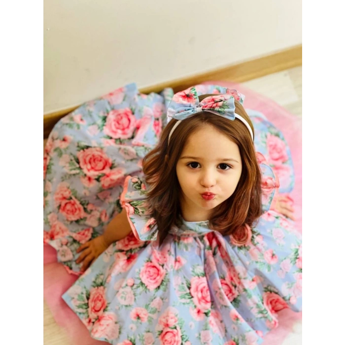 Çiçek Desenli Kız Çocuk Tüllü Kabarık Taç Hediyeli Elbise