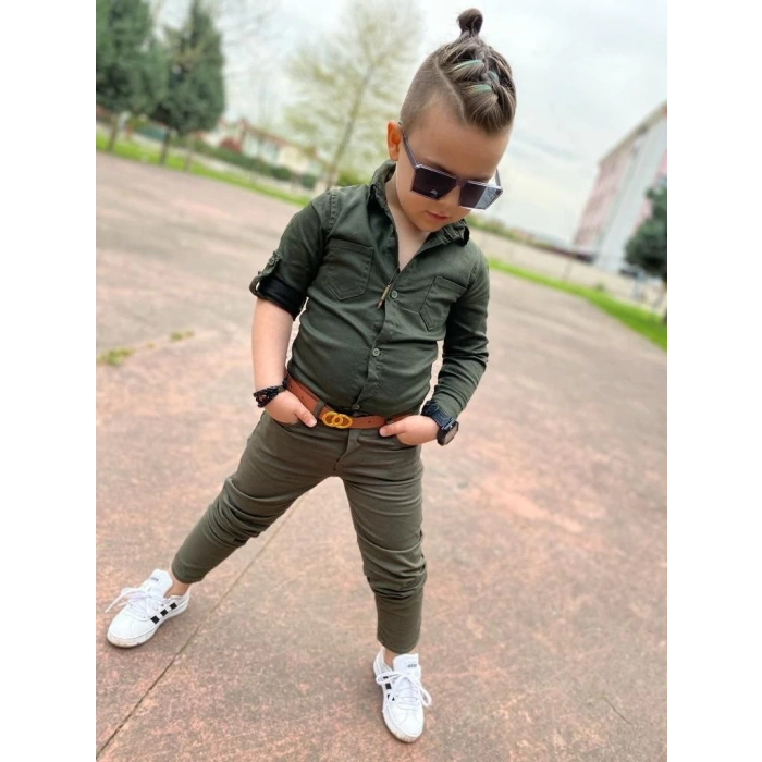 Erkek Çocuk Gabardin Haki Yeşil Gömlek Pantolon Takım