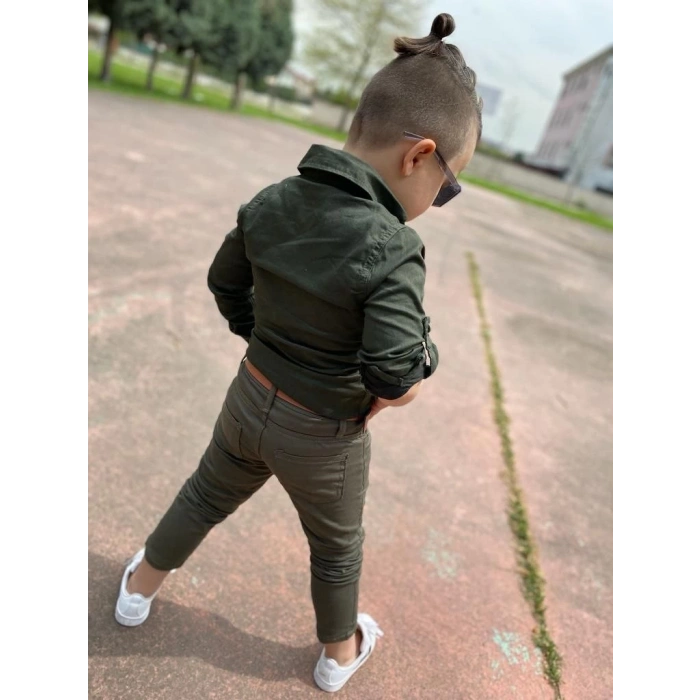 Erkek Çocuk Gabardin Haki Yeşil Gömlek Pantolon Takım