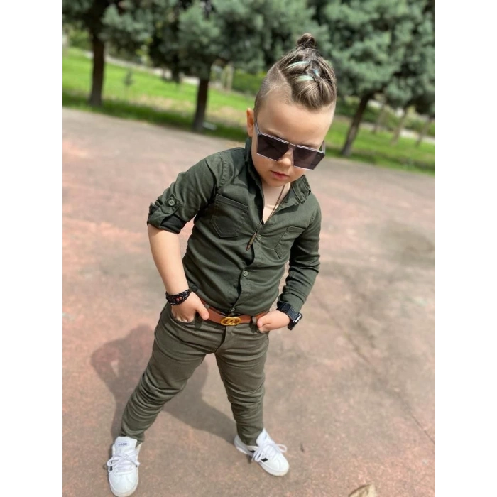 Erkek Çocuk Gabardin Haki Yeşil Gömlek Pantolon Takım