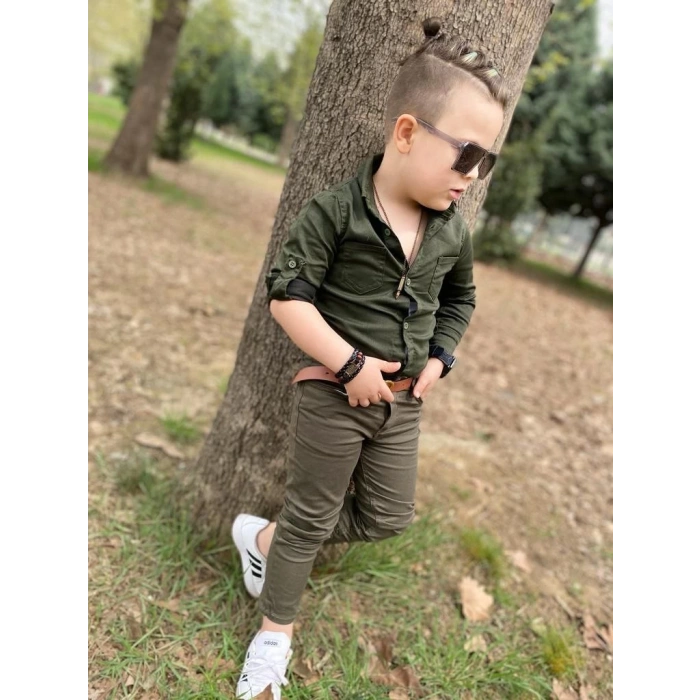 Erkek Çocuk Gabardin Haki Yeşil Gömlek Pantolon Takım