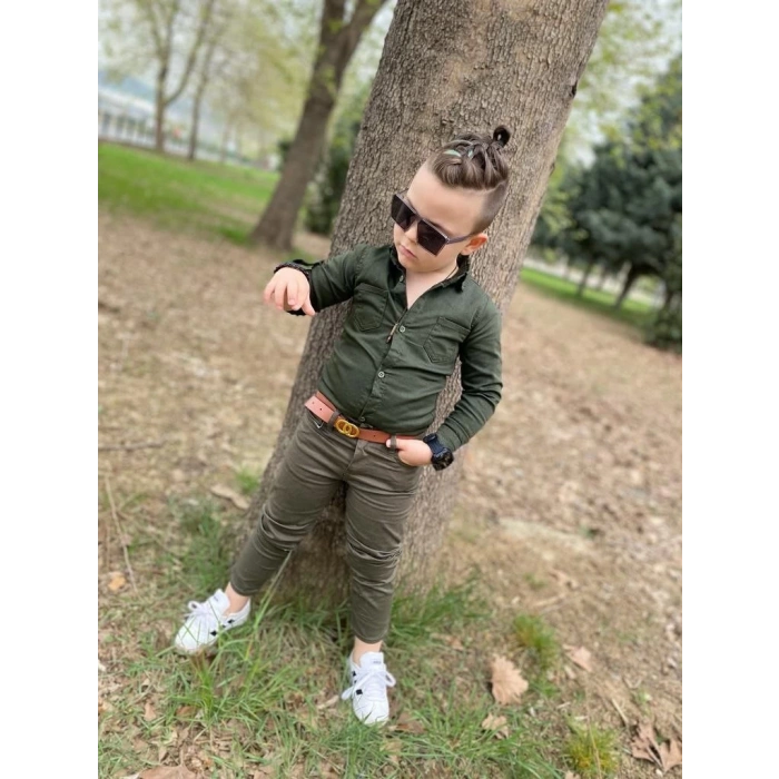 Erkek Çocuk Gabardin Haki Yeşil Gömlek Pantolon Takım