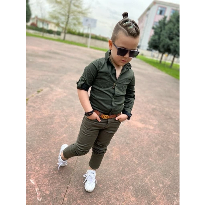 Erkek Çocuk Gabardin Haki Yeşil Gömlek Pantolon Takım