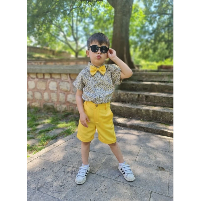 Erkek Çocuk Poplin Gömlek Papyon ve Şort Kombin