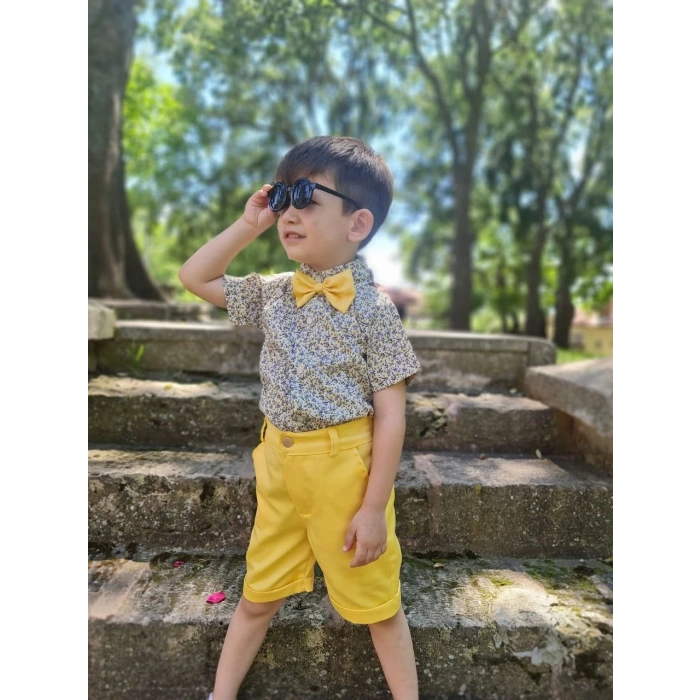 Erkek Çocuk Poplin Gömlek Papyon ve Şort Kombin