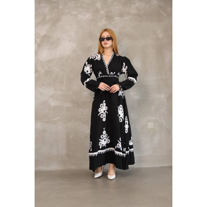 Etnik Desen Uzun Kol Viskon Elbise