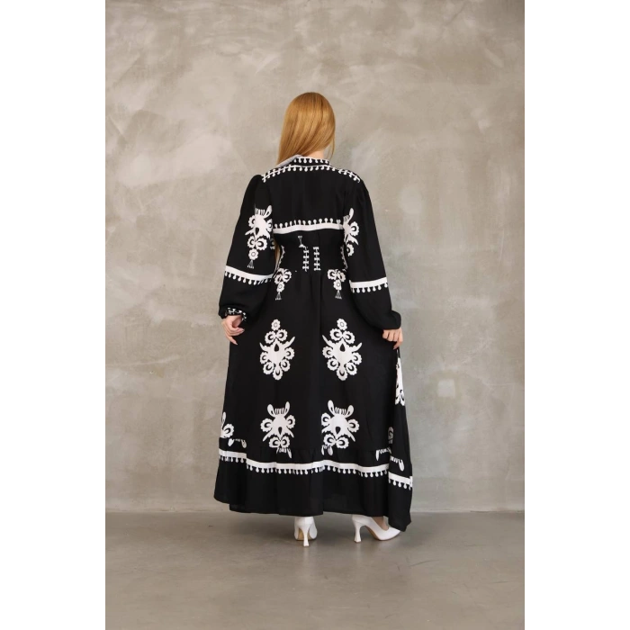 Etnik Desen Uzun Kol Viskon Elbise