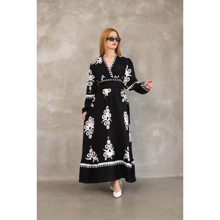 Etnik Desen Uzun Kol Viskon Elbise