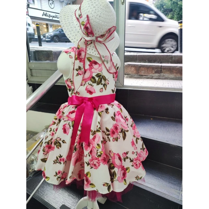 Hasır Şapkalı Tüllü Kız Çocuk Elbise