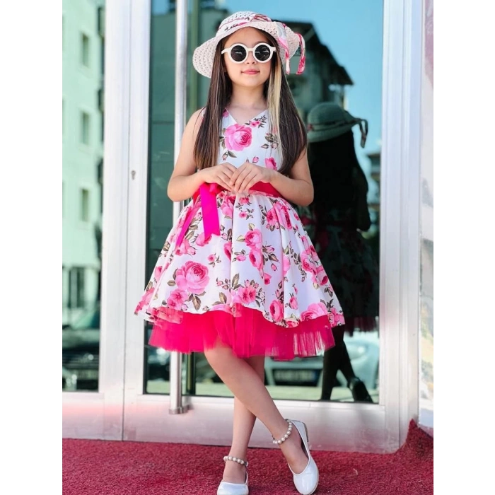 Hasır Şapkalı Tüllü Kız Çocuk Elbise