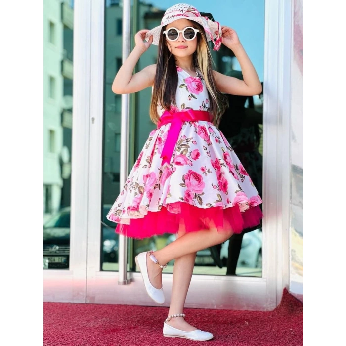 Hasır Şapkalı Tüllü Kız Çocuk Elbise