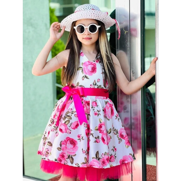 Hasır Şapkalı Tüllü Kız Çocuk Elbise