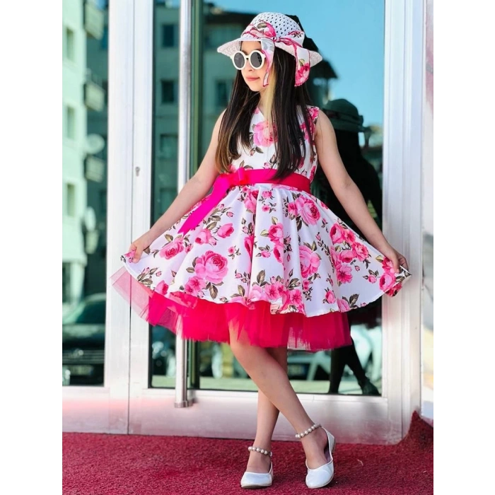 Hasır Şapkalı Tüllü Kız Çocuk Elbise