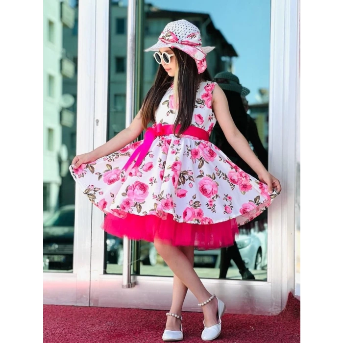 Hasır Şapkalı Tüllü Kız Çocuk Elbise