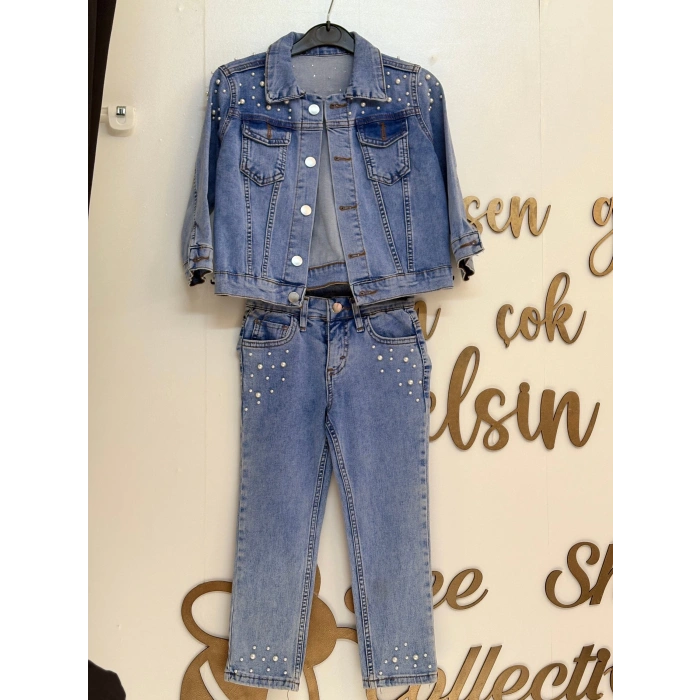 İnci Çakma Detaylı Kot Ceket-Pantolon Kız Çocuk Takım