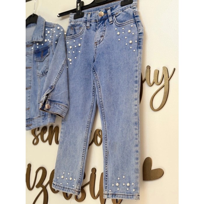 İnci Çakma Detaylı Kot Ceket-Pantolon Kız Çocuk Takım