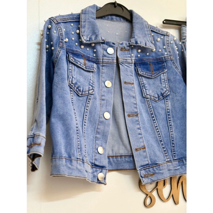 İnci Çakma Detaylı Kot Ceket-Pantolon Kız Çocuk Takım