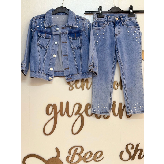 İnci Çakma Detaylı Kot Ceket-Pantolon Kız Çocuk Takım