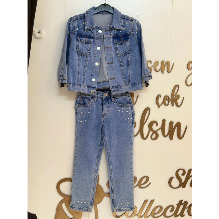 İnci Çakma Detaylı Kot Ceket-Pantolon Kız Çocuk Takım