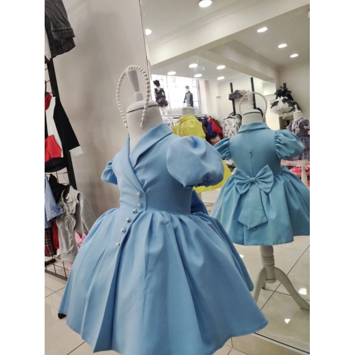 İnci Taçlı Kabarık Kız Çocuk Elbise Bebe Mavisi