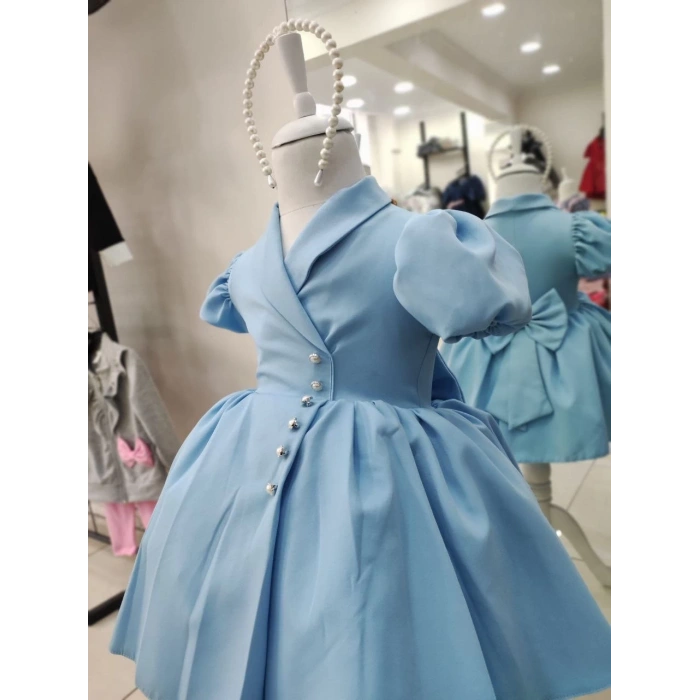 İnci Taçlı Kabarık Kız Çocuk Elbise Bebe Mavisi