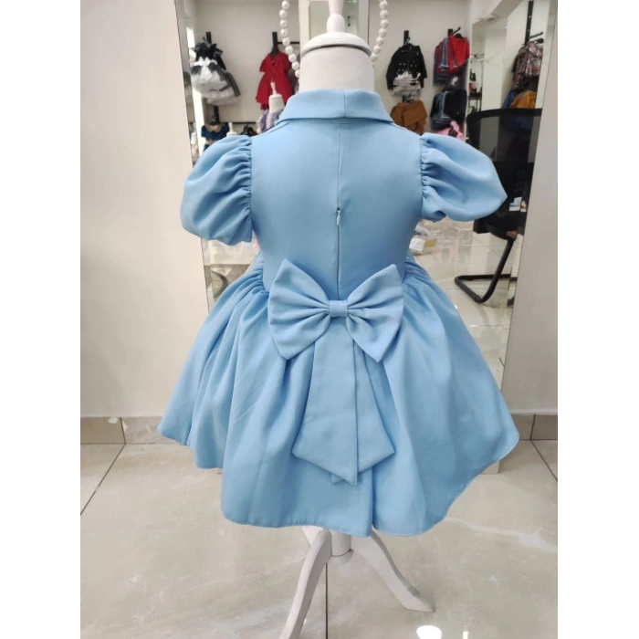 İnci Taçlı Kabarık Kız Çocuk Elbise Bebe Mavisi