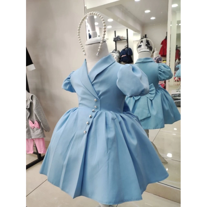 İnci Taçlı Kabarık Kız Çocuk Elbise Bebe Mavisi