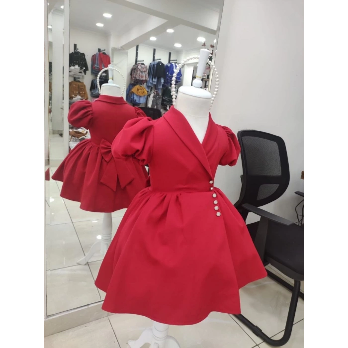 İnci Taçlı Kabarık Kız Çocuk Elbise Kırmızı