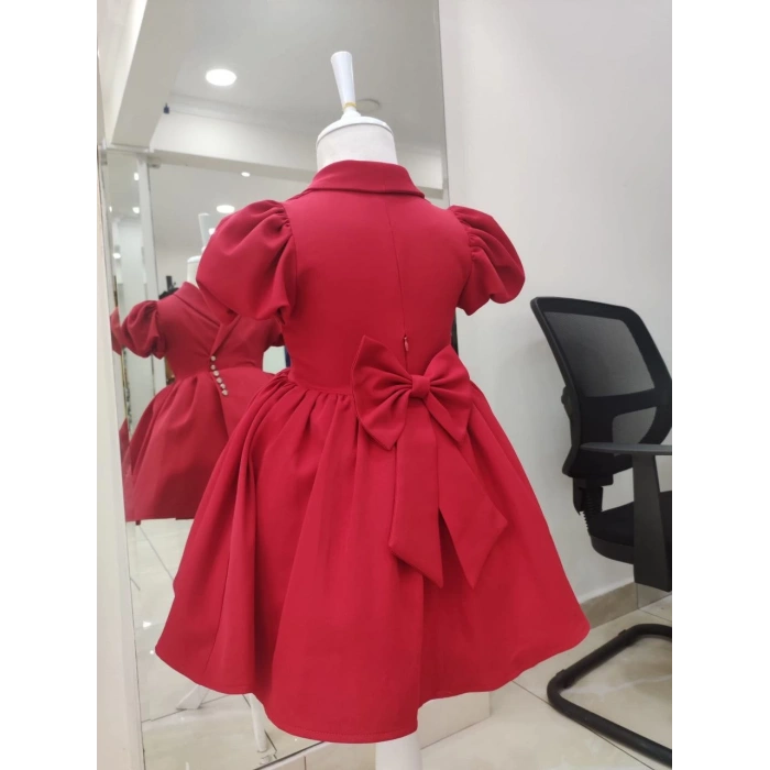 İnci Taçlı Kabarık Kız Çocuk Elbise Kırmızı