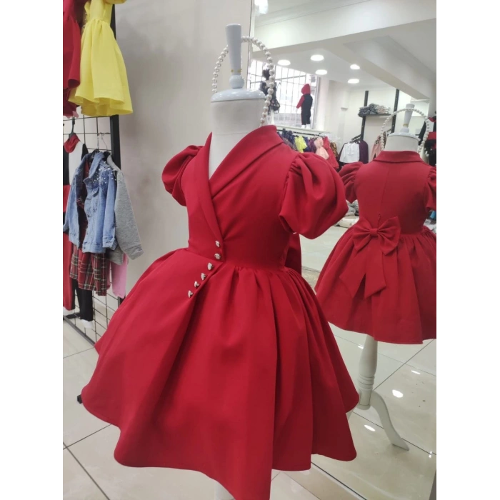 İnci Taçlı Kabarık Kız Çocuk Elbise Kırmızı