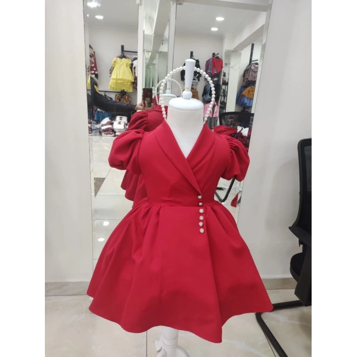 İnci Taçlı Kabarık Kız Çocuk Elbise Kırmızı