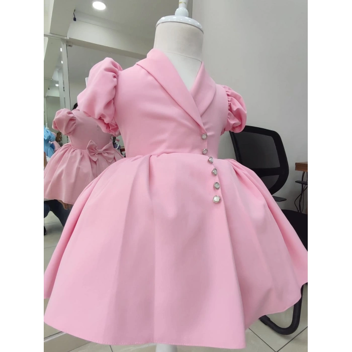 İnci Taçlı Kabarık Kız Çocuk Elbise Pembe