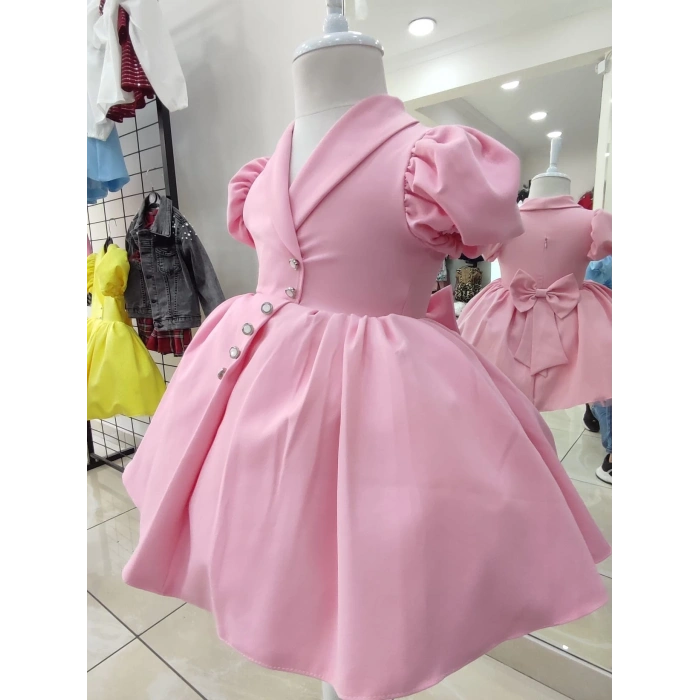 İnci Taçlı Kabarık Kız Çocuk Elbise Pembe