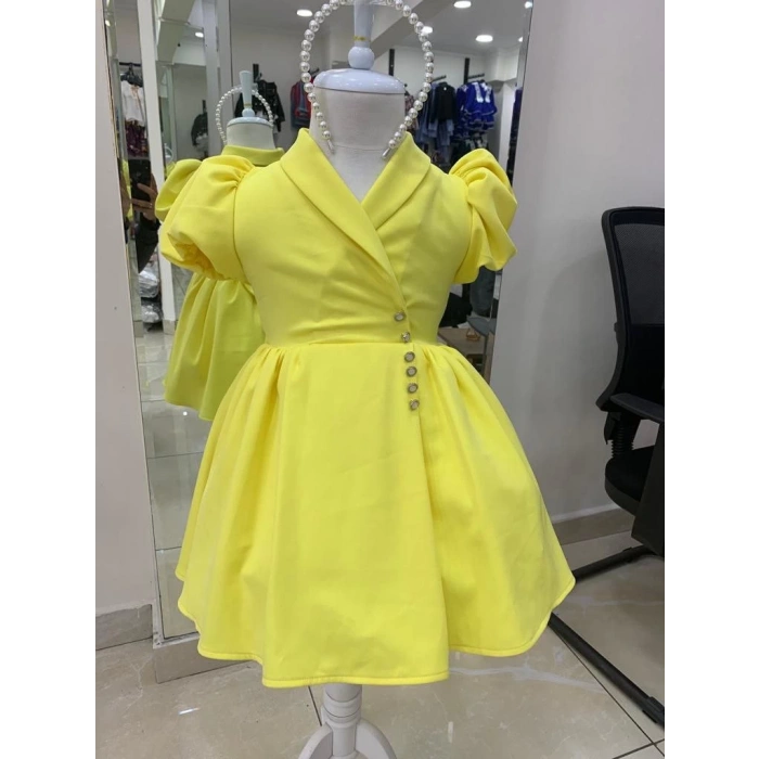 İnci Taçlı Kabarık Kız Çocuk Elbise Sarı