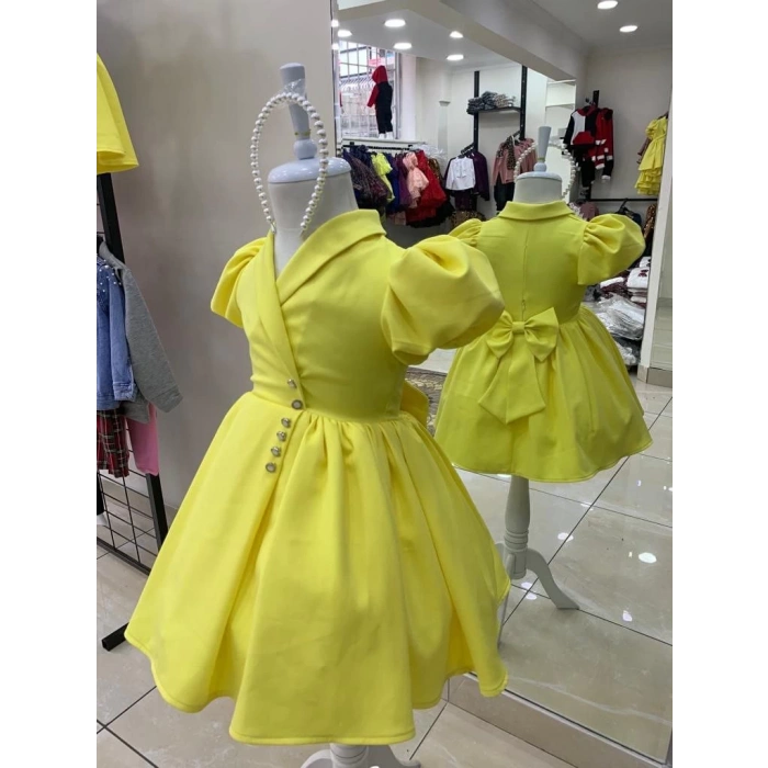 İnci Taçlı Kabarık Kız Çocuk Elbise Sarı