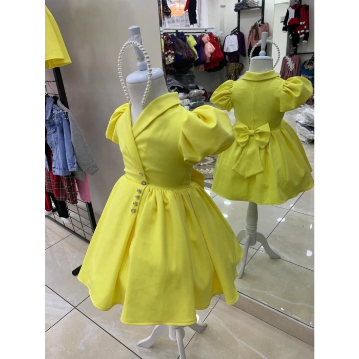 İnci Taçlı Kabarık Kız Çocuk Elbise Sarı