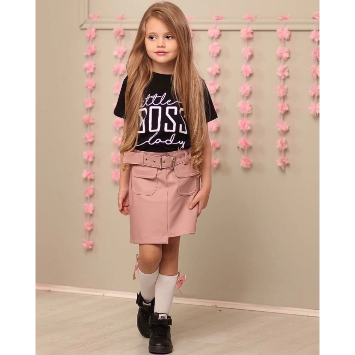 Kemerli Deri Etek Pamuk Penye Bluz Kombin