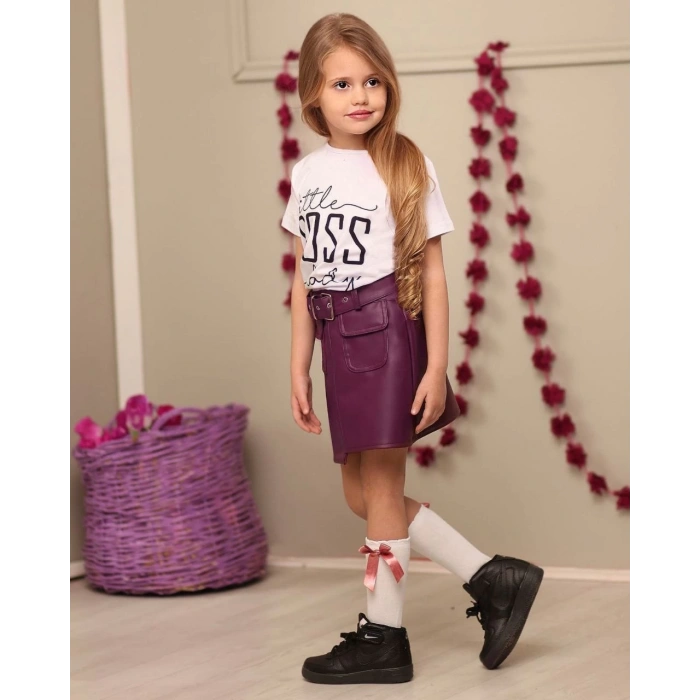 Kemerli Deri Etek Pamuk Penye Bluz Kombin