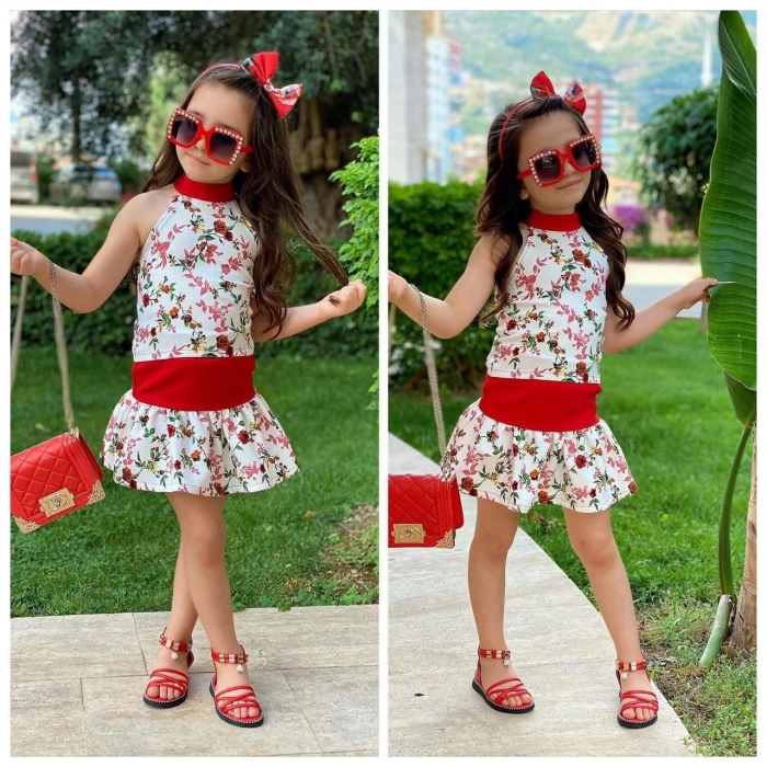 Kırmızı Beyaz Çiçekli Alt Üst Bandana Kız Çocuk Kombin