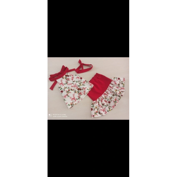 Kırmızı Beyaz Çiçekli Alt Üst Bandana Kız Çocuk Kombin