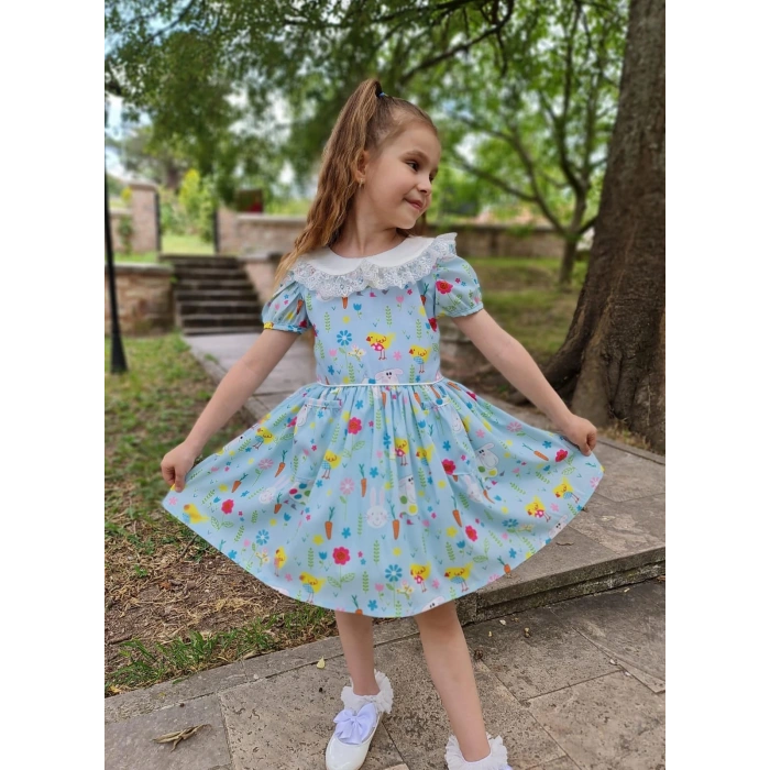 Kız Çocuk Desenli Tüllü Karpuz Kol Cepli Elbise