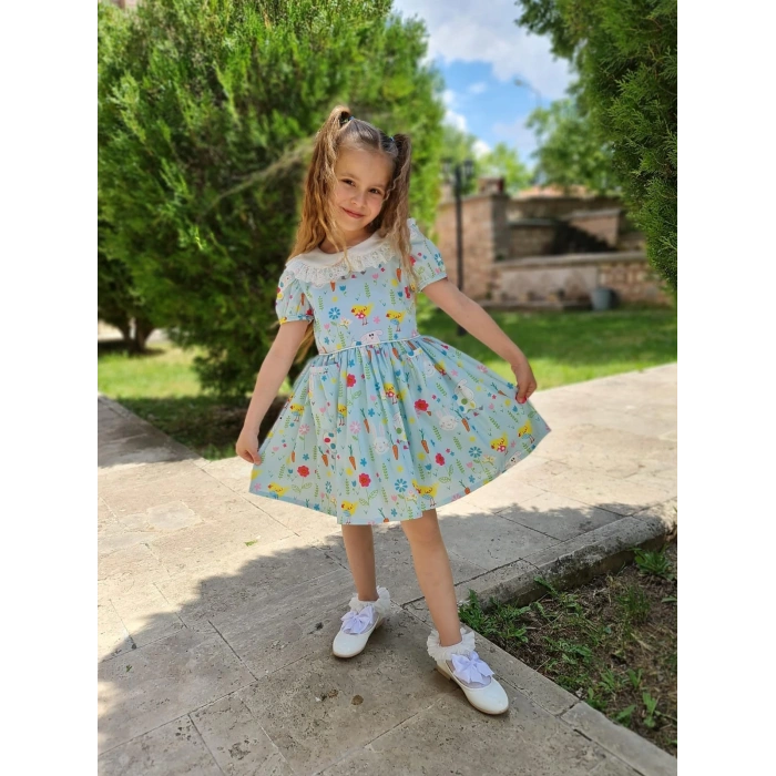 Kız Çocuk Desenli Tüllü Karpuz Kol Cepli Elbise