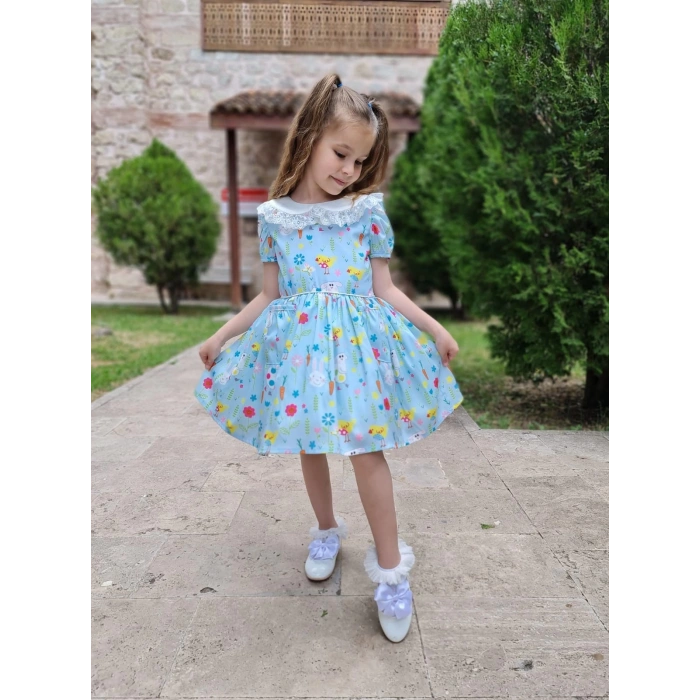 Kız Çocuk Desenli Tüllü Karpuz Kol Cepli Elbise