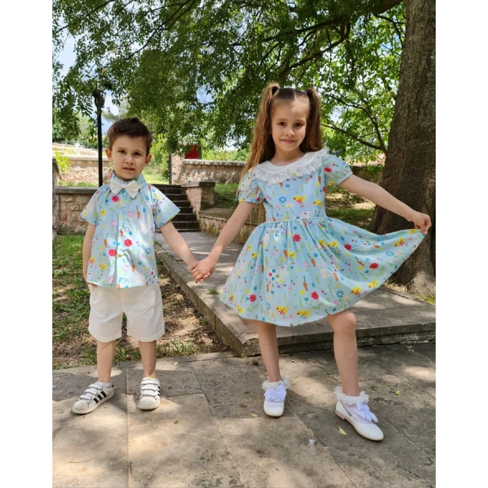 Kız Çocuk Desenli Tüllü Karpuz Kol Cepli Elbise